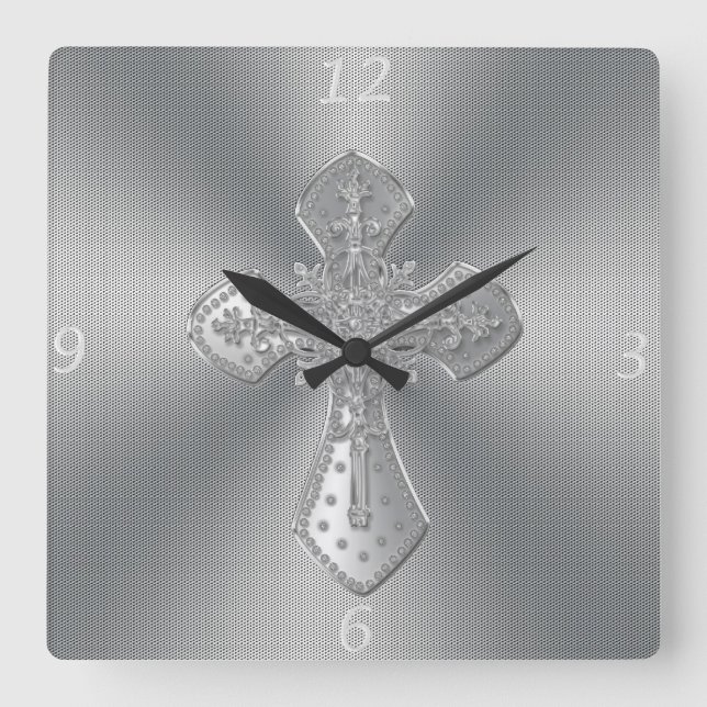 Cool beautiful ornament cross silver grey effect square wall clock (Front)