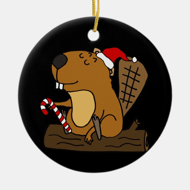 Cool Beaver in Santa hat Christmas Cartoon Ceramic Tree Decoration (Front)