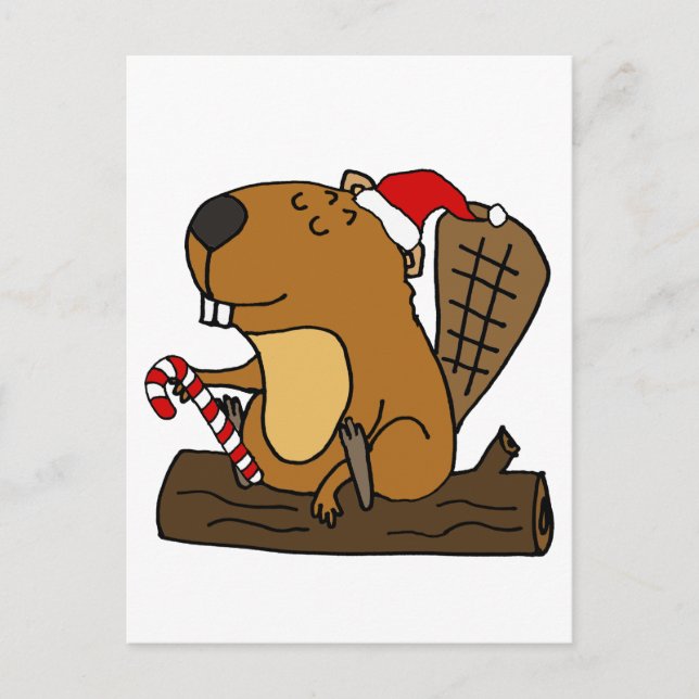 Cool Beaver in Santa hat Christmas Cartoon Postcard (Front)