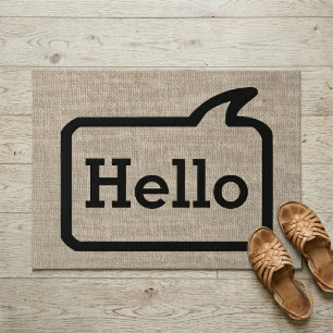 Cool Beige Burlap Look Modern Speech Bubble Hello Doormat