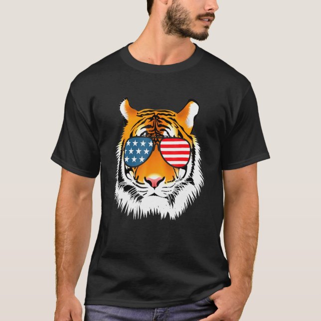 Cool Bengal Tiger with Sunglasses US Flag T-Shirt (Front)