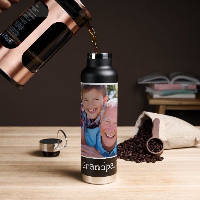 Cool Best Grandpa Ever Photo Personalised Black Water Bottle (Coffee)