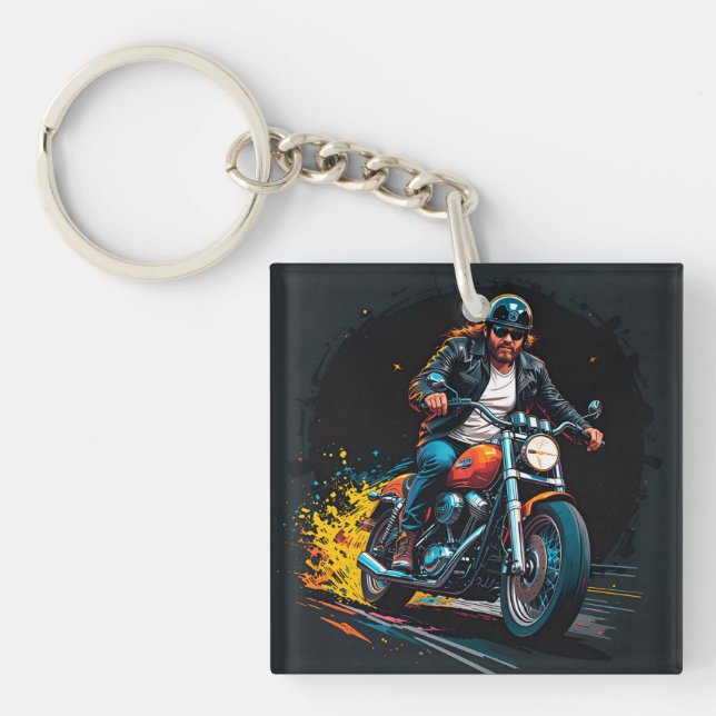 Cool Biker Riding Motorcycle Key Ring (Front)