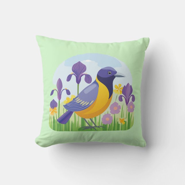 Cool Bird in Field of Iris Flowers  Cushion (Front)