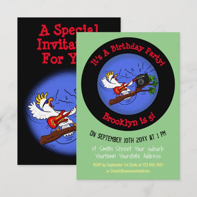 Cool bird rock guitar player cartoon  invitation (Front/Back)