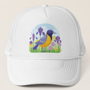 Cool Bird with Iris Flowers Graphic Trucker Hat