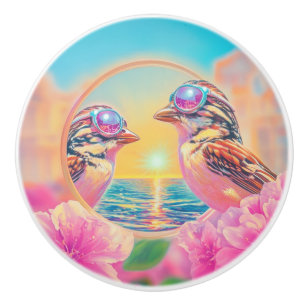 Cool Birds with Sunglasses at Sunset Ceramic Knob