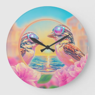 Cool Birds with Sunglasses at Sunset Large Clock