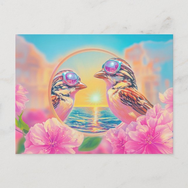 Cool Birds with Sunglasses at Sunset Postcard (Front)