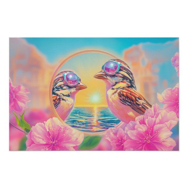 Cool Birds with Sunglasses at Sunset Poster (Front)