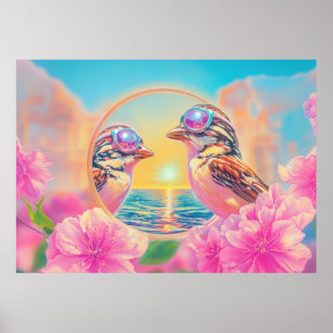 Cool Birds with Sunglasses at Sunset Poster