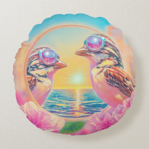 Cool Birds with Sunglasses at Sunset Round Cushion