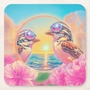 Cool Birds with Sunglasses at Sunset Square Paper Coaster
