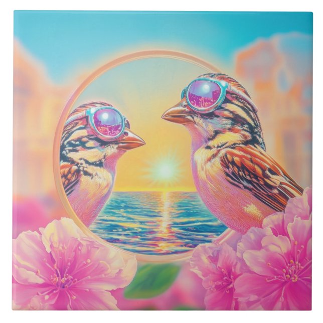 Cool Birds with Sunglasses at Sunset Tile (Front)