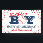 Cool 'Birthday Boy' Baseball Sport Happy Birthday Banner<br><div class="desc">'Birthday Boy' baseball themed happy birthday banner,  featuring navy blue and red text on a classic white background,  stars,  and a sporty birthday template that is easy to customise.</div>