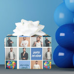 Cool Birthday Boy Mens Photo Collage Personalised Wrapping Paper<br><div class="desc">Cool birthday wrapping paper with a 6 photo template collage of a man and his name on the blue squares next to fun party balloons. Cute personalised Happy Birthday gift wrap for a boy or teen.</div>