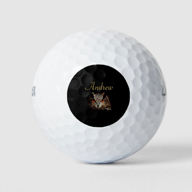 Cool Black and Gold Fierce Owl Golf Balls (Front)