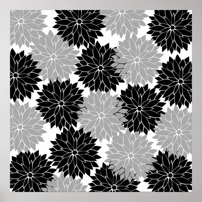 Cool Black and Grey Flower Blossoms Floral Print (Front)