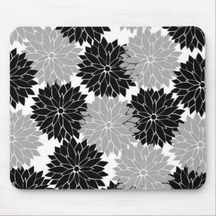 Cool Black and Grey Flower Blossoms Floral Print Mouse Mat