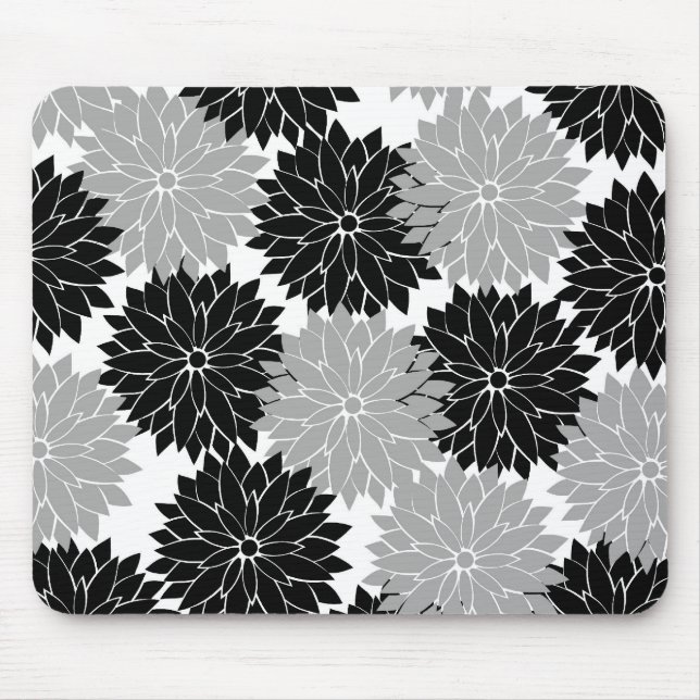 Cool Black and Grey Flower Blossoms Floral Print Mouse Mat (Front)
