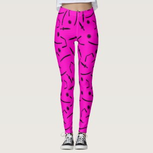 Cool Black and Pink Ninja Sword and Star Pattern  Leggings