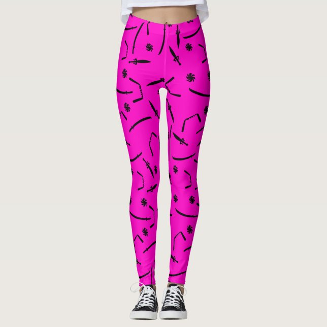 Cool Black and Pink Ninja Sword and Star Pattern  Leggings (Front)