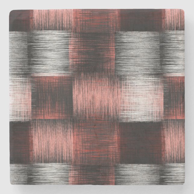 Cool Black and Red Chequerboard Pattern Stone Coaster (Front)