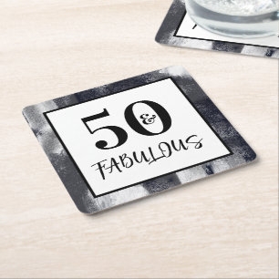 Cool Black and white 50 and Fabulous Birthday Square Paper Coaster