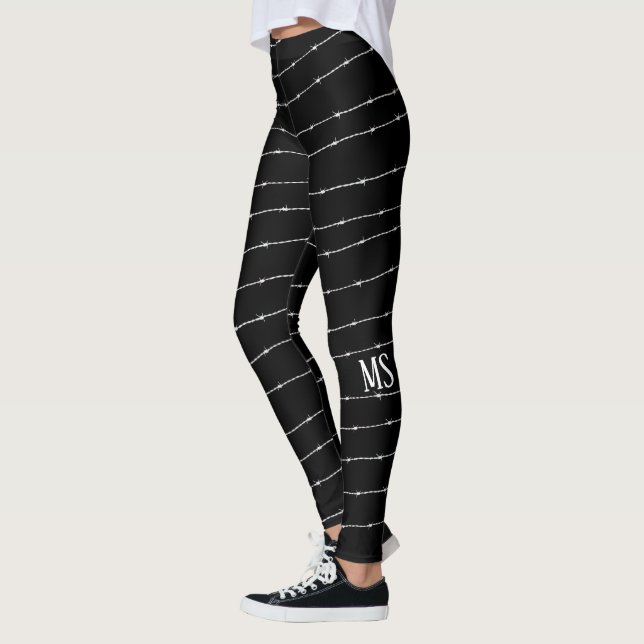 Cool black and white barbed wire pattern Monogram Leggings (Left)