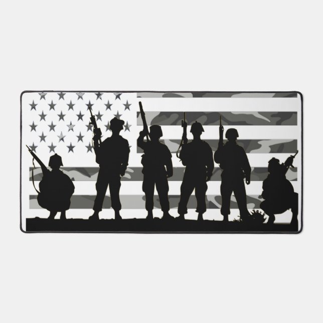 Cool Black and white camo American Flag Soldiers Desk Mat (Front)