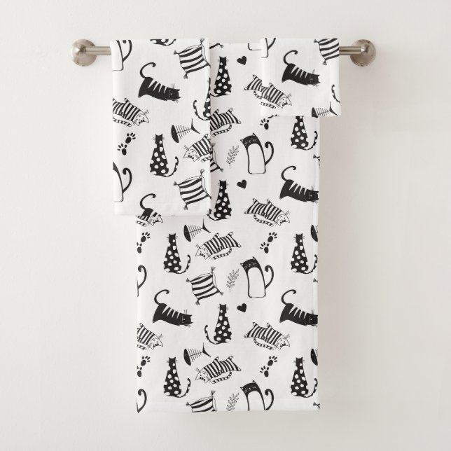 Cool Black and White Cats Bath Towel Set (Insitu)