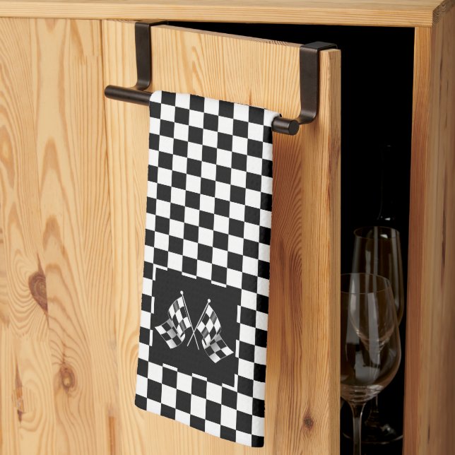 Cool Black And White Chequered Flag Pattern Tea Towel (Thirds Fold)
