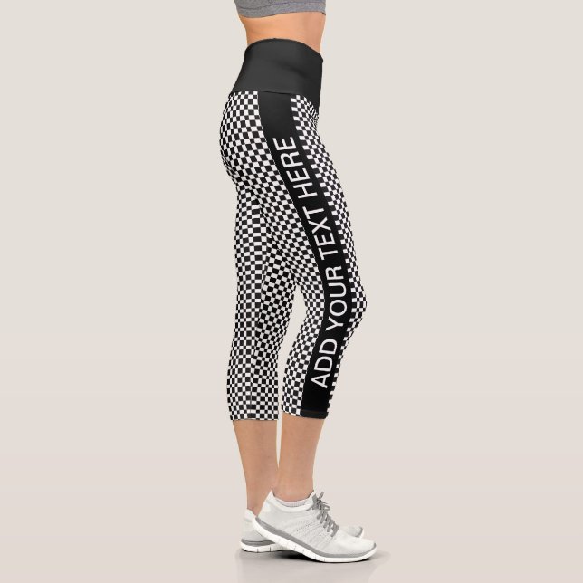 Cool Black and White Chequered Pattern Custom Text Capri Leggings (Right)