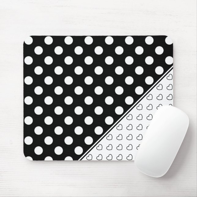 Cool Black and White Dots and Hearts Pattern Mouse Mat (With Mouse)