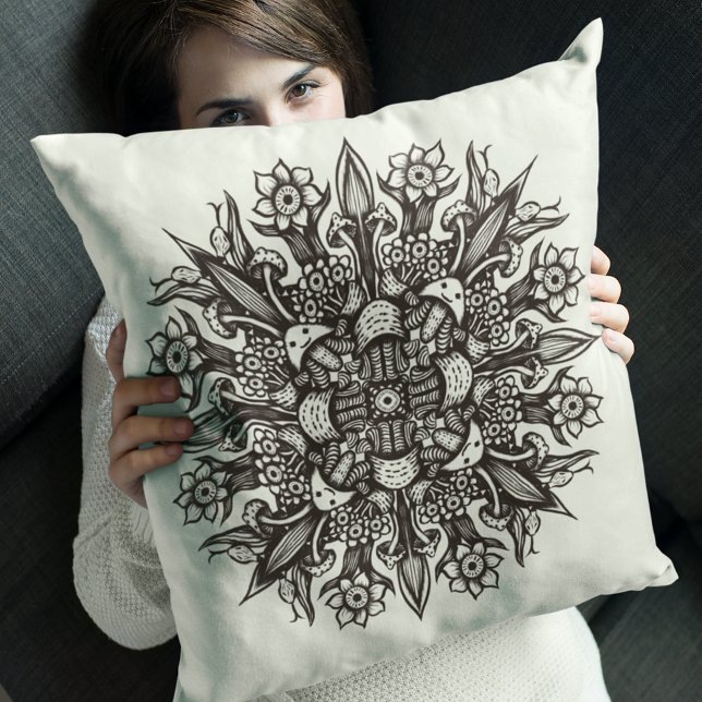Cool Black And White Mushroom Botanical Mandala Cushion (Creator Uploaded)