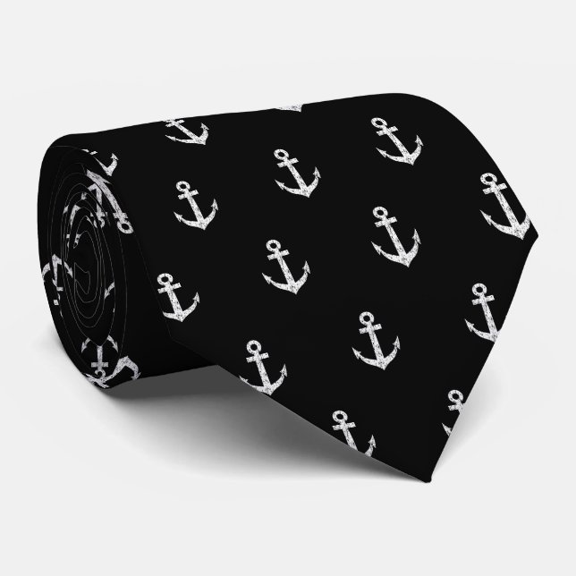 Cool black and white small nautical anchor pattern tie (Rolled)