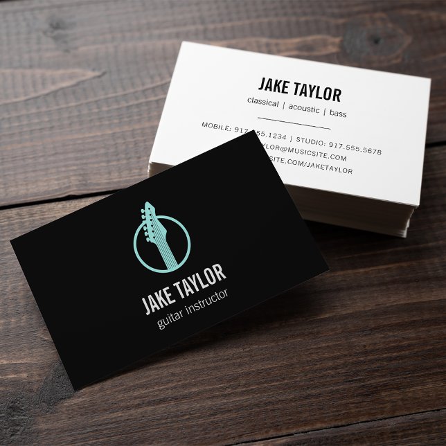 Cool Black & Aqua Guitar Instructor Business Card (Creator Uploaded)