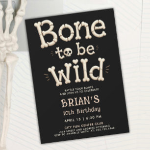 Cool Black Bone To Be Wild Skull Fun Cartoon Typo  Invitation