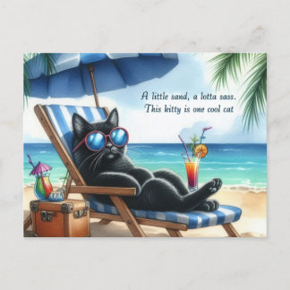 Cool Black Cat at  Beach  Postcard