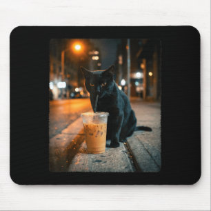 Cool black cat drinking iced coffee funny animal mouse mat