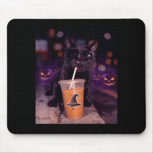Cool black cat drinking iced coffee halloween mouse mat
