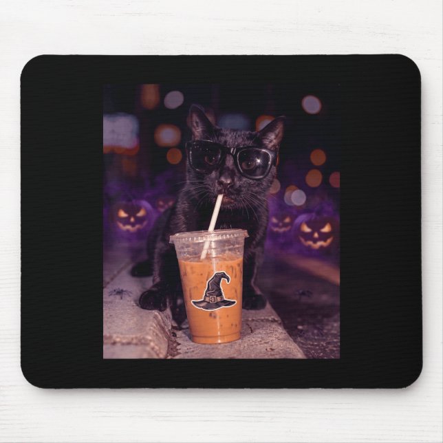 Cool black cat drinking iced coffee halloween mouse mat (Front)