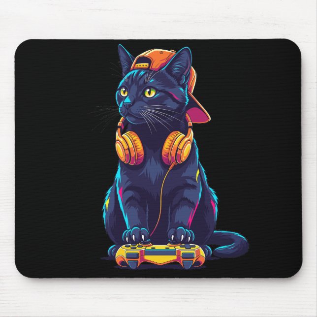 Cool Black Cat Gamer Halloween Mouse Mat (Front)