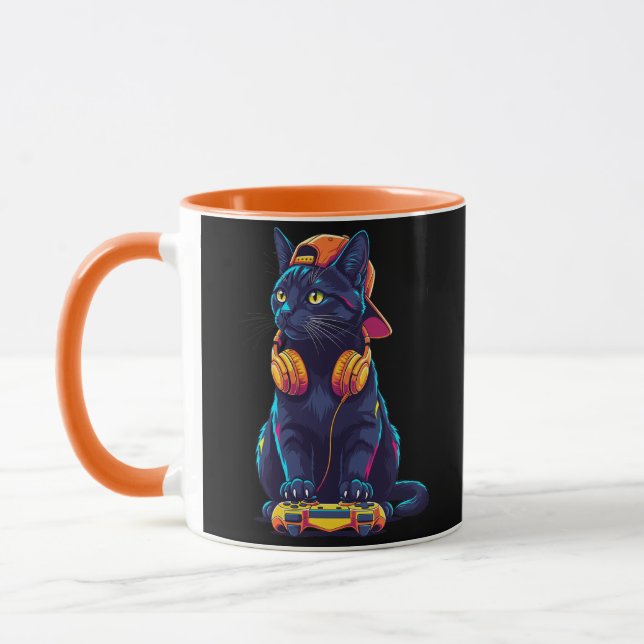 Cool Black Cat Gamer Halloween Spooky Design Mug (Left)