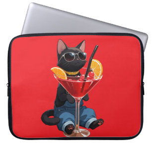 Cool Black Cat in Overalls with Red Cocktail Laptop Sleeve