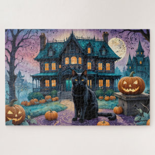 Cool Black Cat, Jack O Lanterns, Spooky House Jigsaw Puzzle