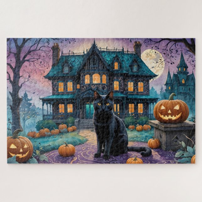 Cool Black Cat, Jack O Lanterns, Spooky House Jigsaw Puzzle (Horizontal)