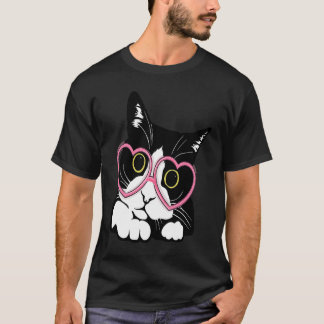 Cool Black Cat Kitten Red Heart Glasses Happy vale T-Shirt