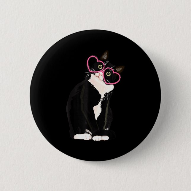 Cool Black Cat Kitten Red Heart Gles Happy Valenti 6 Cm Round Badge (Front)