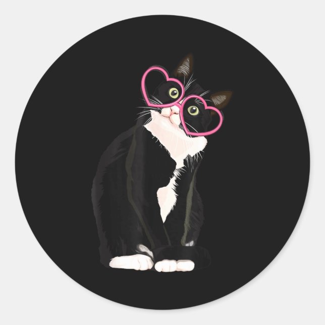 Cool Black Cat Kitten Red Heart Gles Happy Valenti Classic Round Sticker (Front)